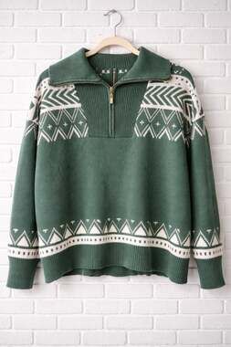 Green Mock Neck Geometric Print Half-Zip Dropped Shoulder Pullover Sweater
